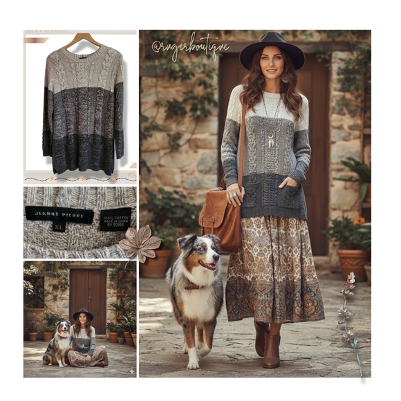 🌿Jeanne Pierre Women's XL Cable Knit Sweater Colorblock Grey Ivory Pockets - Picture 11 of 12